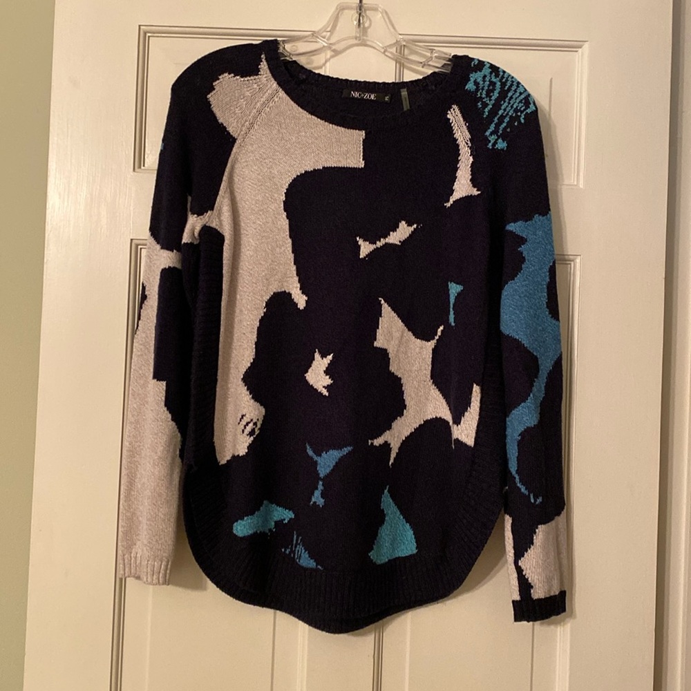 Nic+Zoe navy sweater with oatmeal and turquoise pattern. Size PS.